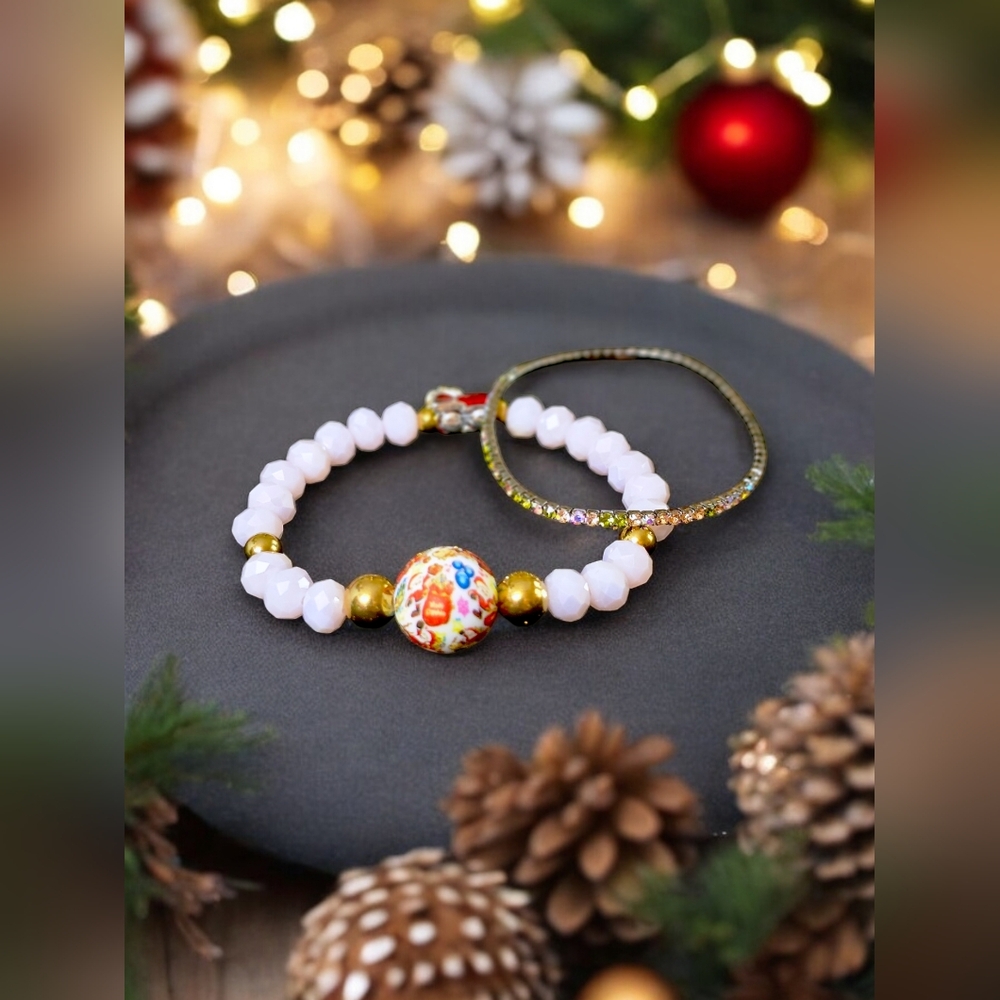 Set of two Christmas bracelets. Austrian crystals. Silicone main bead and 18k...